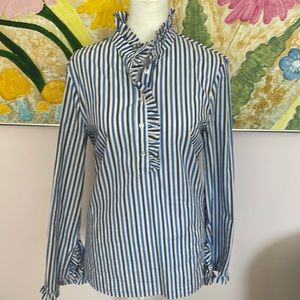 Navy and Blue Striped Ruffle Collar Blouse